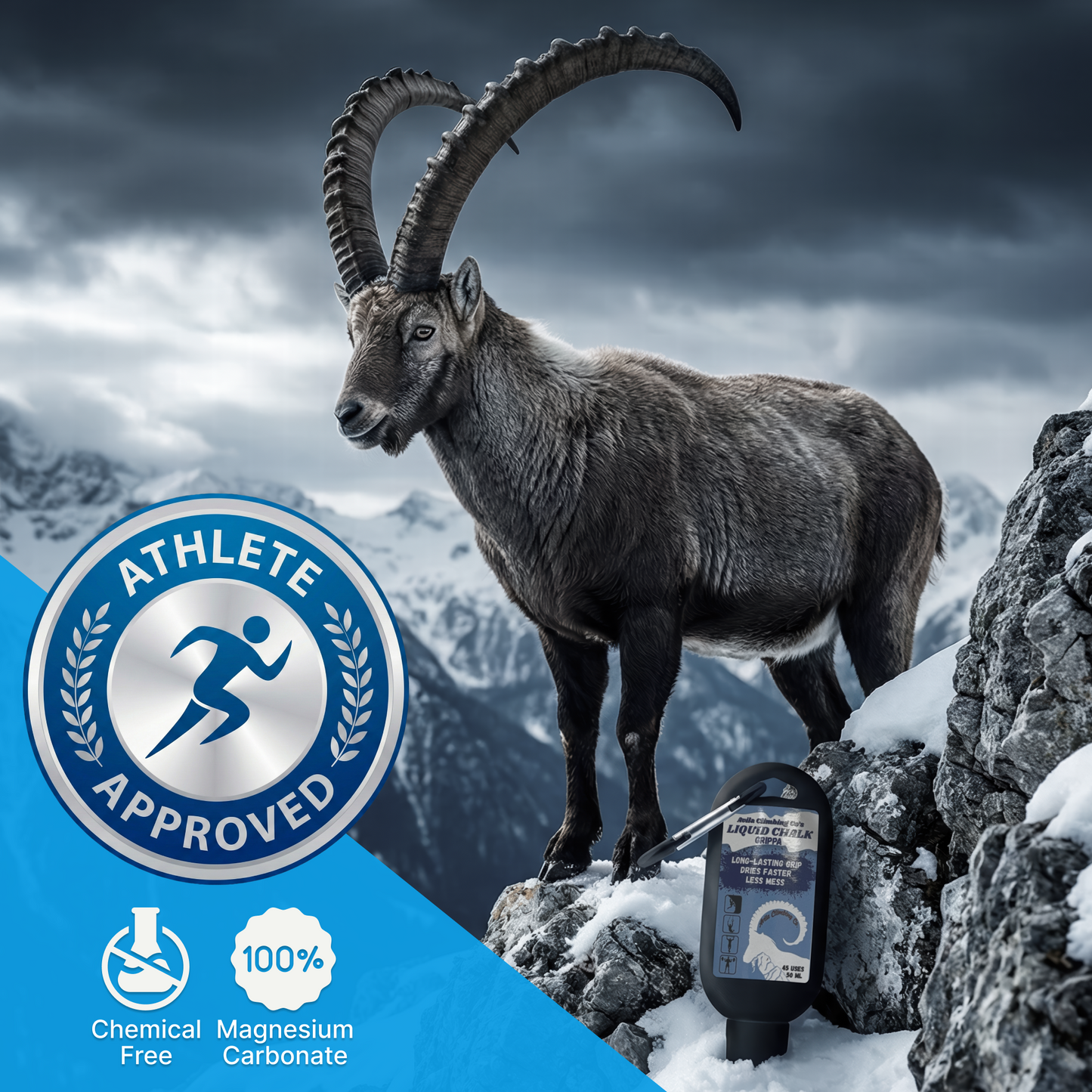 Goat on a mountain with an 'Athlete Approved' label and product packaging.