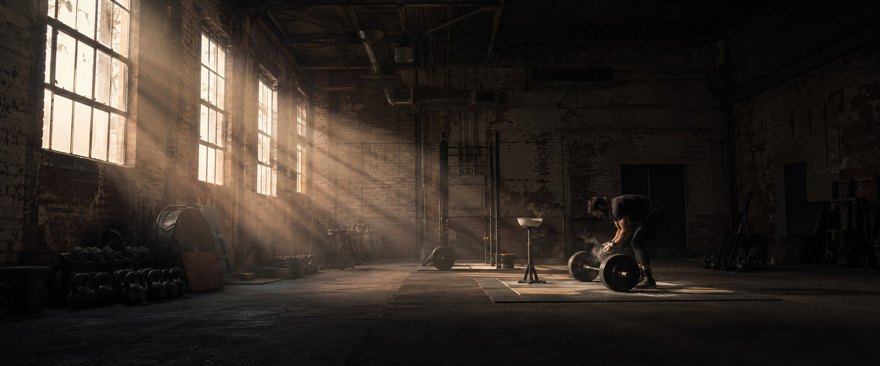 Lifter chalking their hands over a loaded barbell in a sunlit warehouse gym