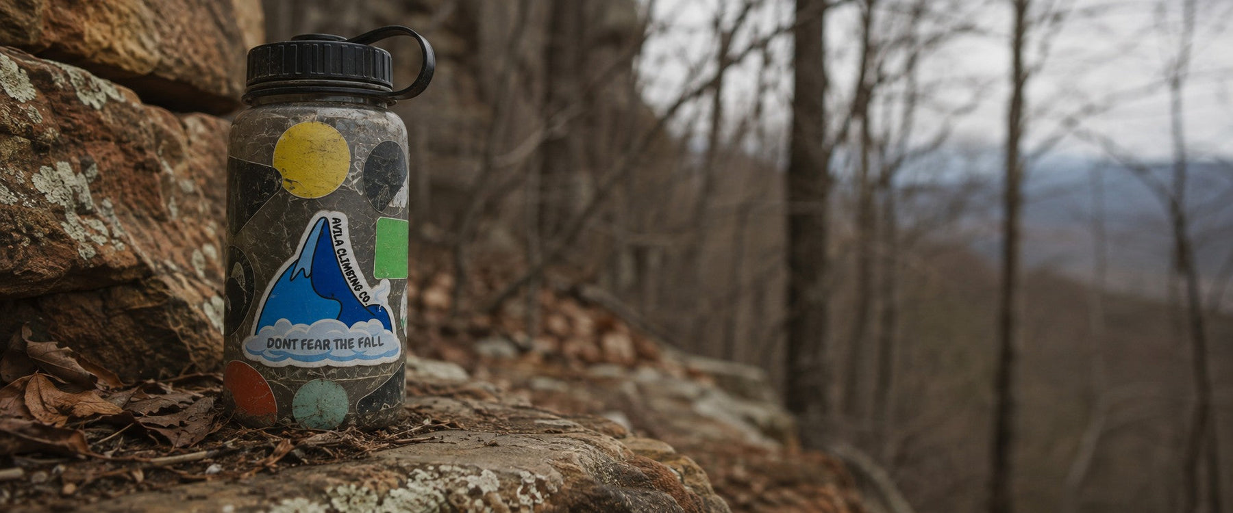 Sticker-covered water bottle on a lichen-covered rock ledge, Avila Climbing Co. Don't Fear The Fall sticker facing out
