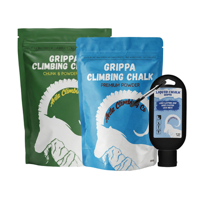 Chunky chalk, Premium Powder chalk, Liquid chalk - bundle showing the chalk products