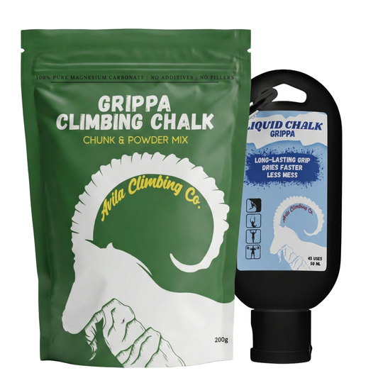 Avila Climbing Co. Grippa climbing chalk packaging and liquid chalk bottle on a white background