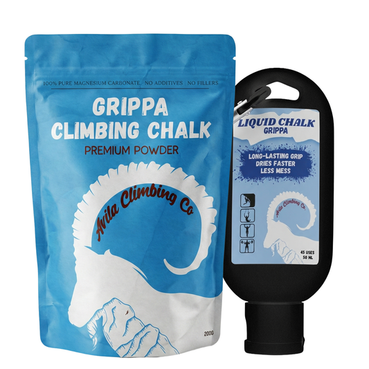 Grippa climbing chalk packaging including a blue powder packet and black liquid container on a white background.