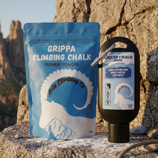 Grippa climbing chalk packaging and bottle on a rocky background