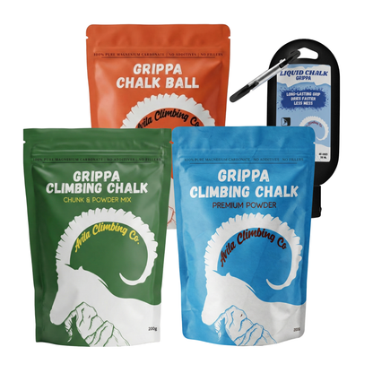 Grippa Climbing Chalk products including a chalk ball, powder mix, and premium powder on a white background.