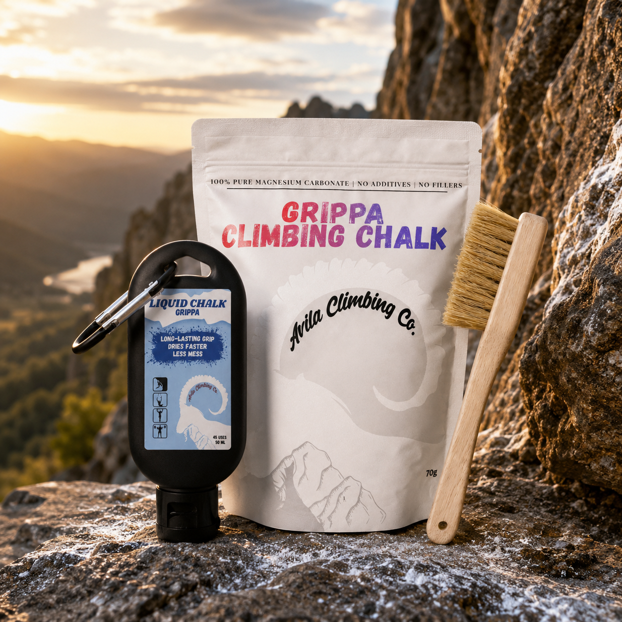 A white stand-up pouch of Hitta Climbing Co. Grippe Climbing Chalk stands on a rock with a mountain landscape at sunset in the background.