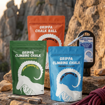 Grippa Climbing Chalk products on a rocky surface with a mountainous background
