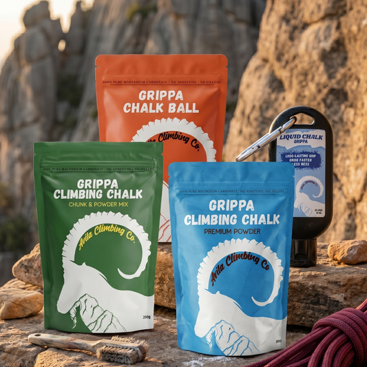 Grippa Climbing Chalk products on a rocky surface with a mountainous background