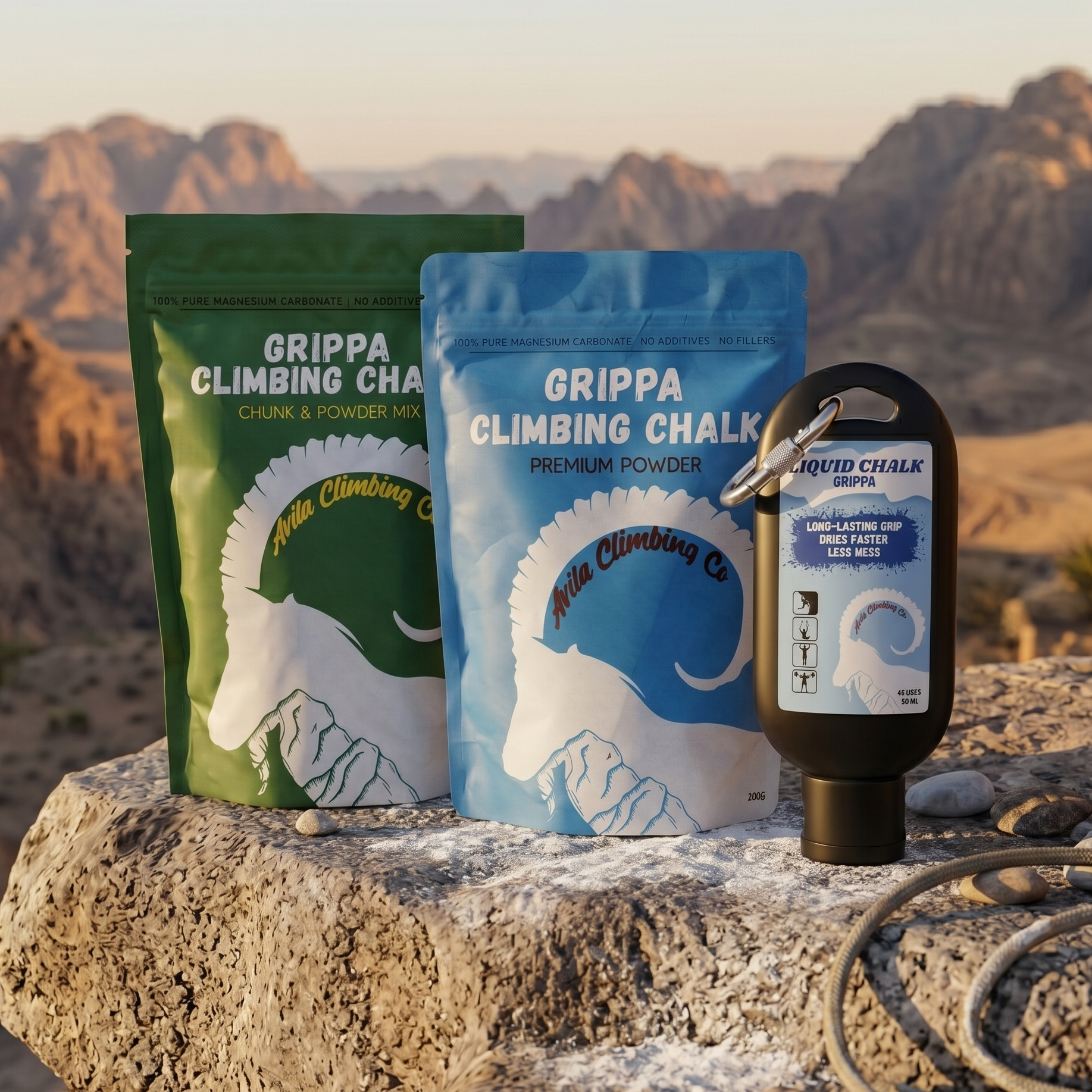 Grippa Climbing Chalk products on a rock with desert landscape in the background
