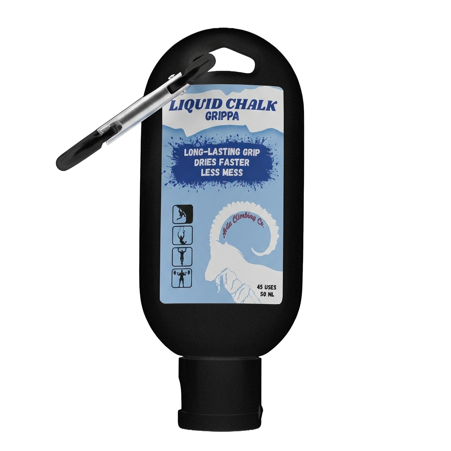 Black bottle of Liquid Chalk Grippa with a carabiner on a white background