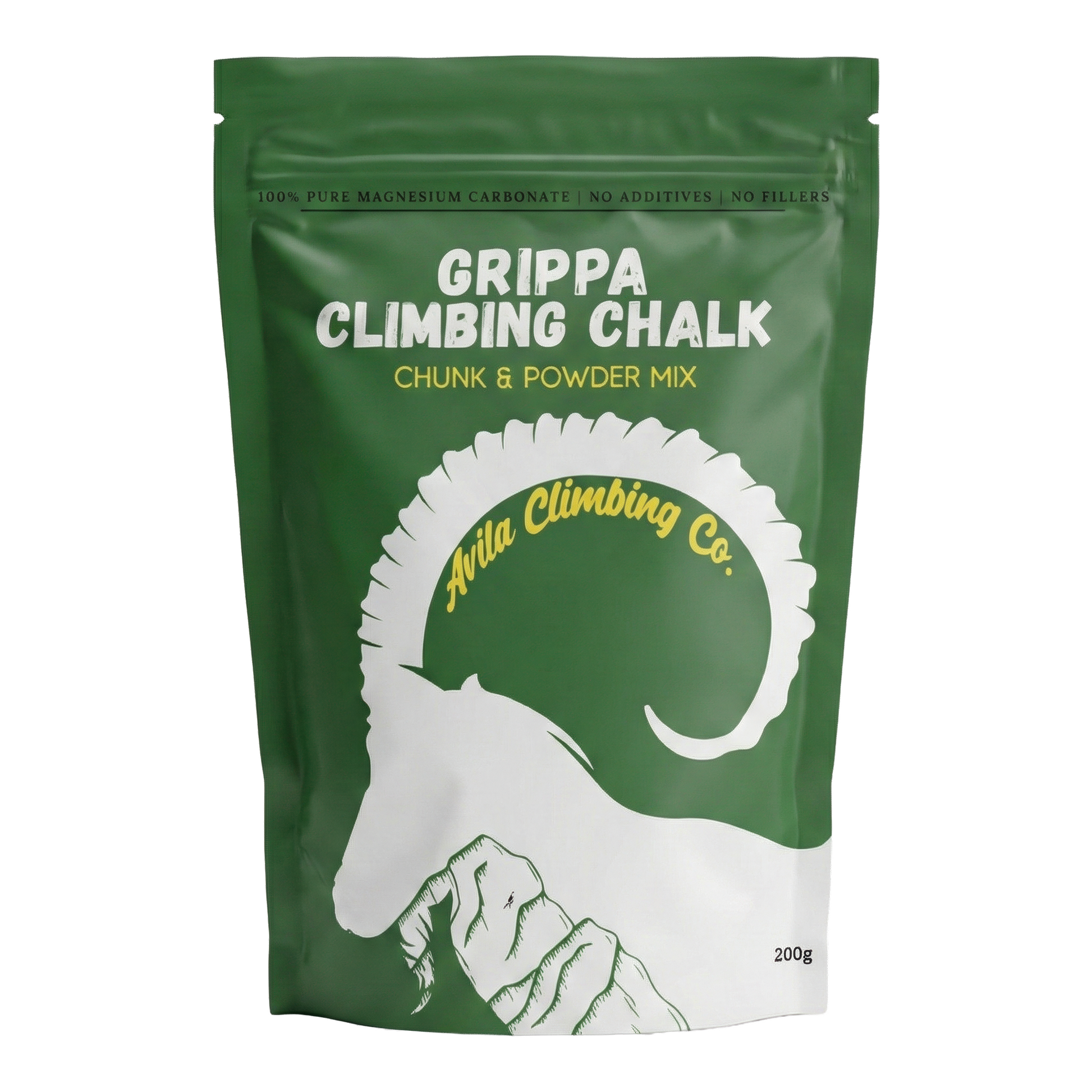 Green package of Grippa Climbing Chalk with Avila Climbing Co branding on a white background