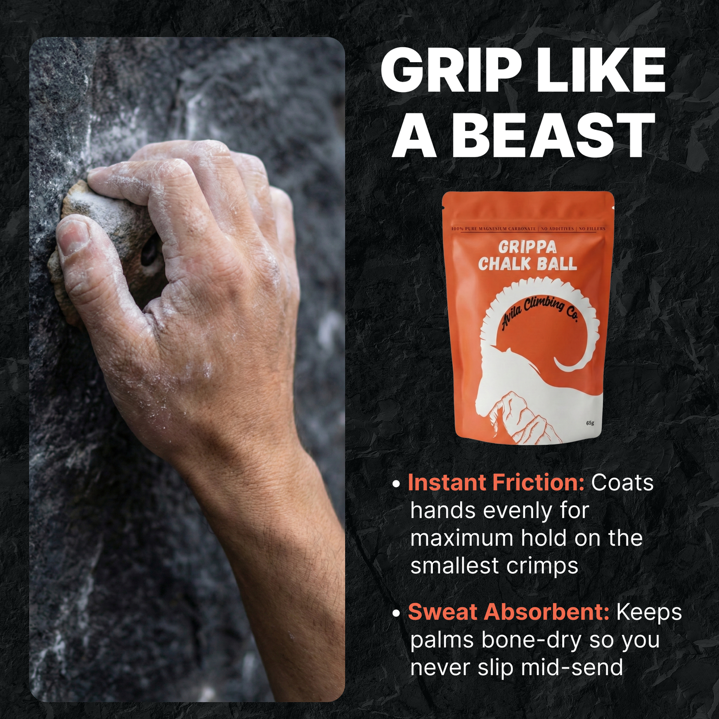 Hand climbing on a rock face with Grippa Chalk Ball packaging and text highlighting product features.