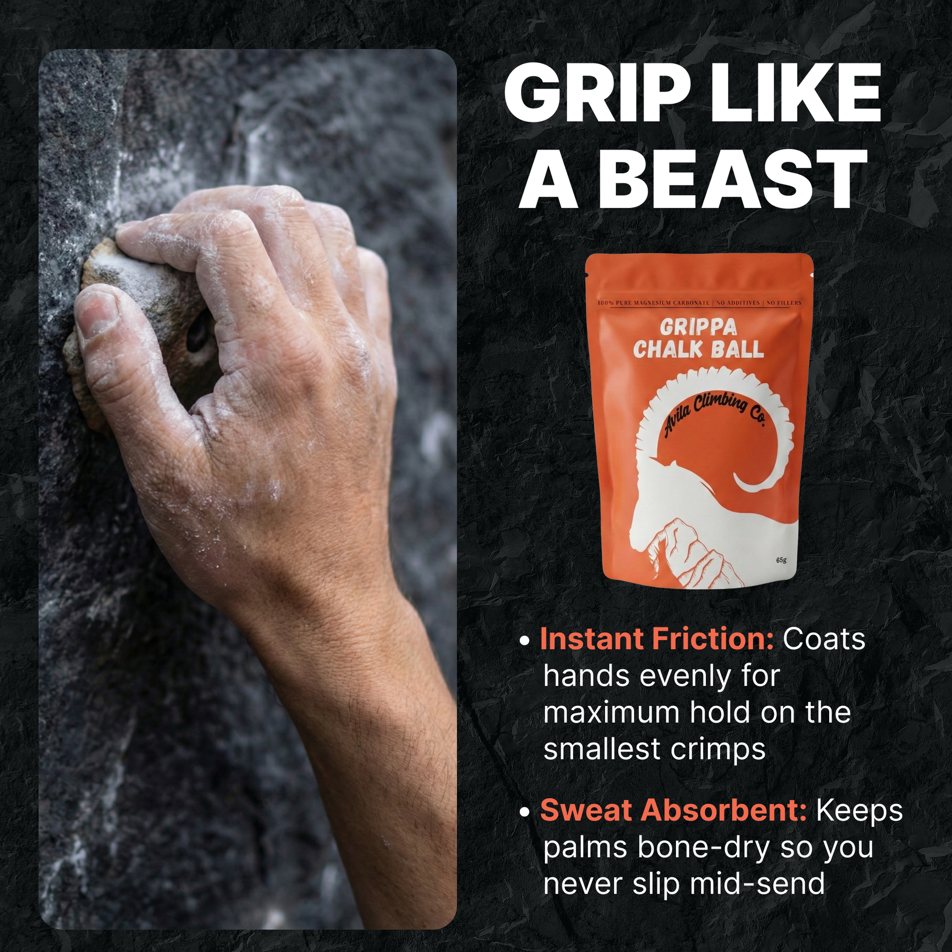 Hand climbing on a rock face with Grippa Chalk Ball packaging and text highlighting product features.