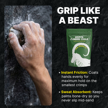 Hand climbing on a rock face with Grippa Climbing Chalk packaging displayed.