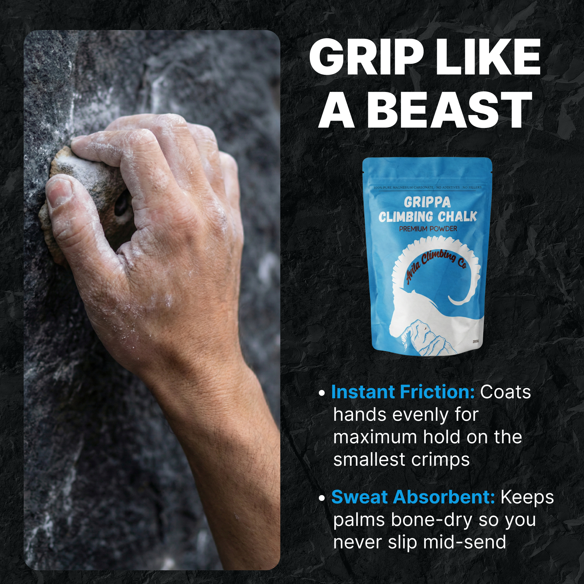 Rock climbing hand with chalk and Grippa Climbing Chalk packaging on a dark background