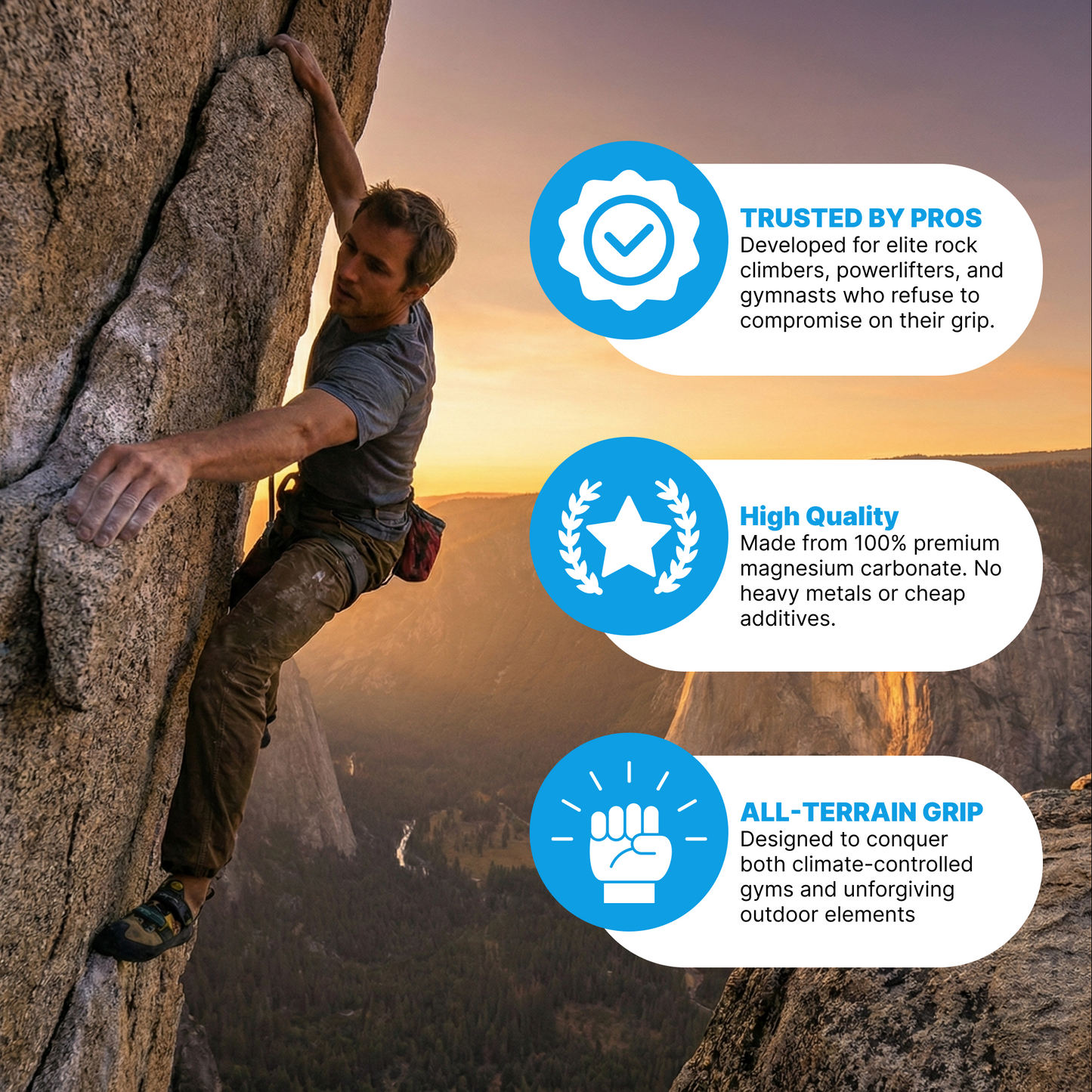 Person rock climbing with Grippa chalk face with product features highlighted