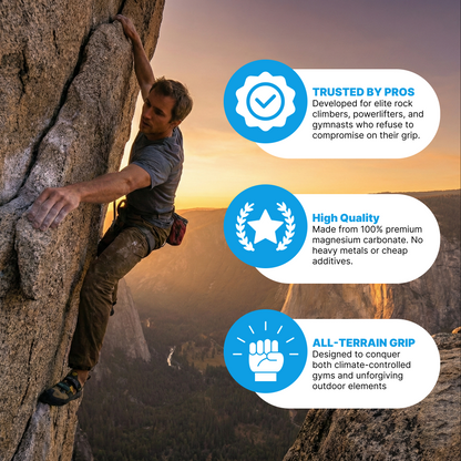 Person rock climbing with Grippa chalk face with product features highlighted