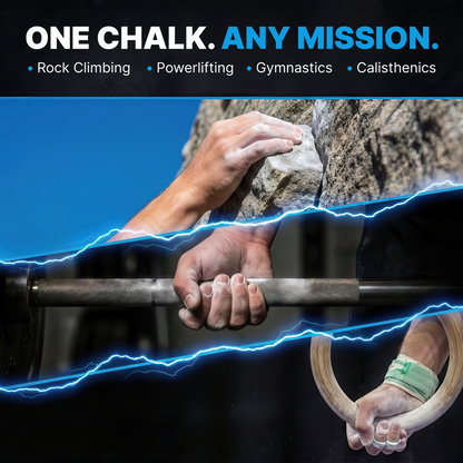 Hand holding a gymnastics bar with text 'One Chalk. Any Mission.' above a rock climbing scene.