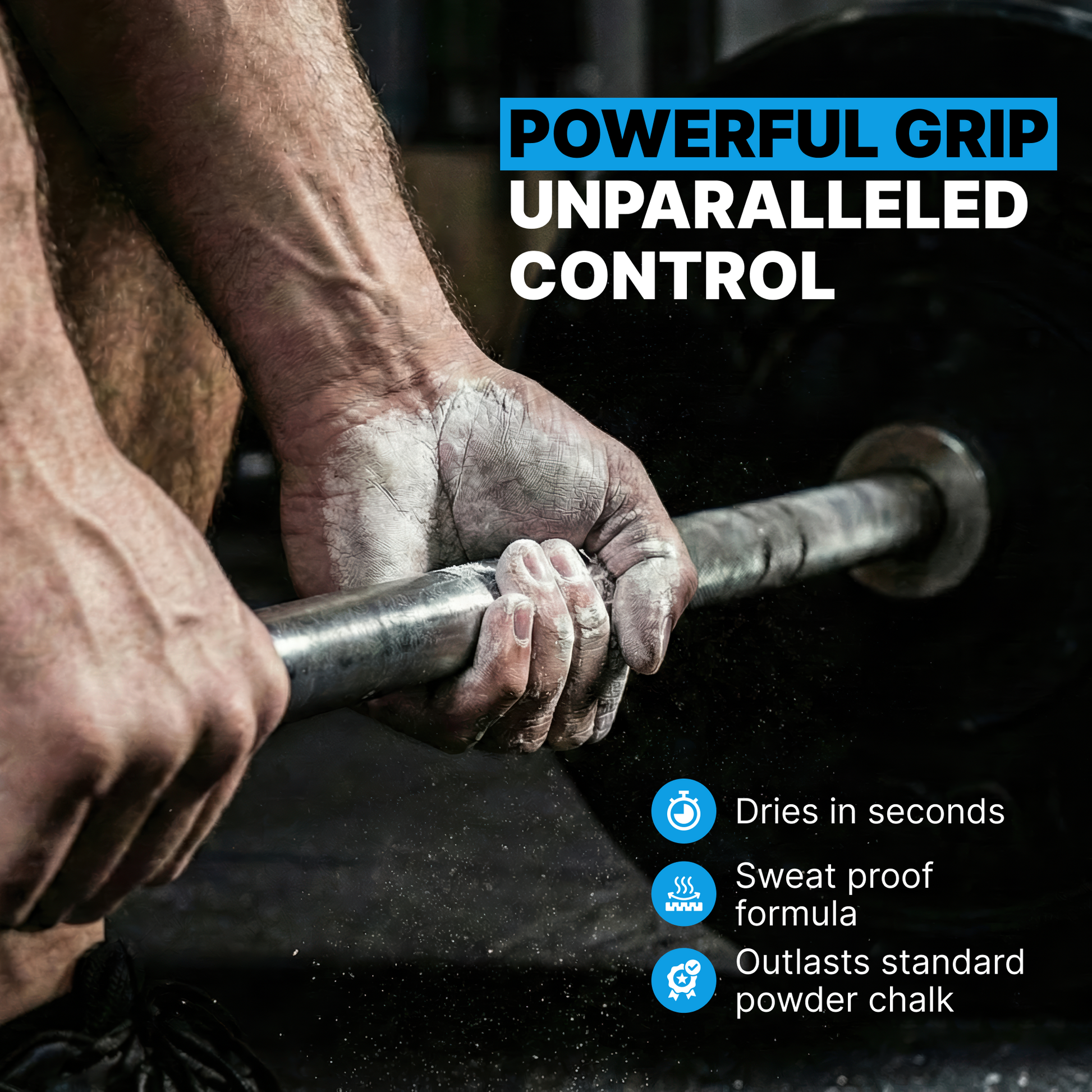 Person gripping a barbell with text about product features on a dark background