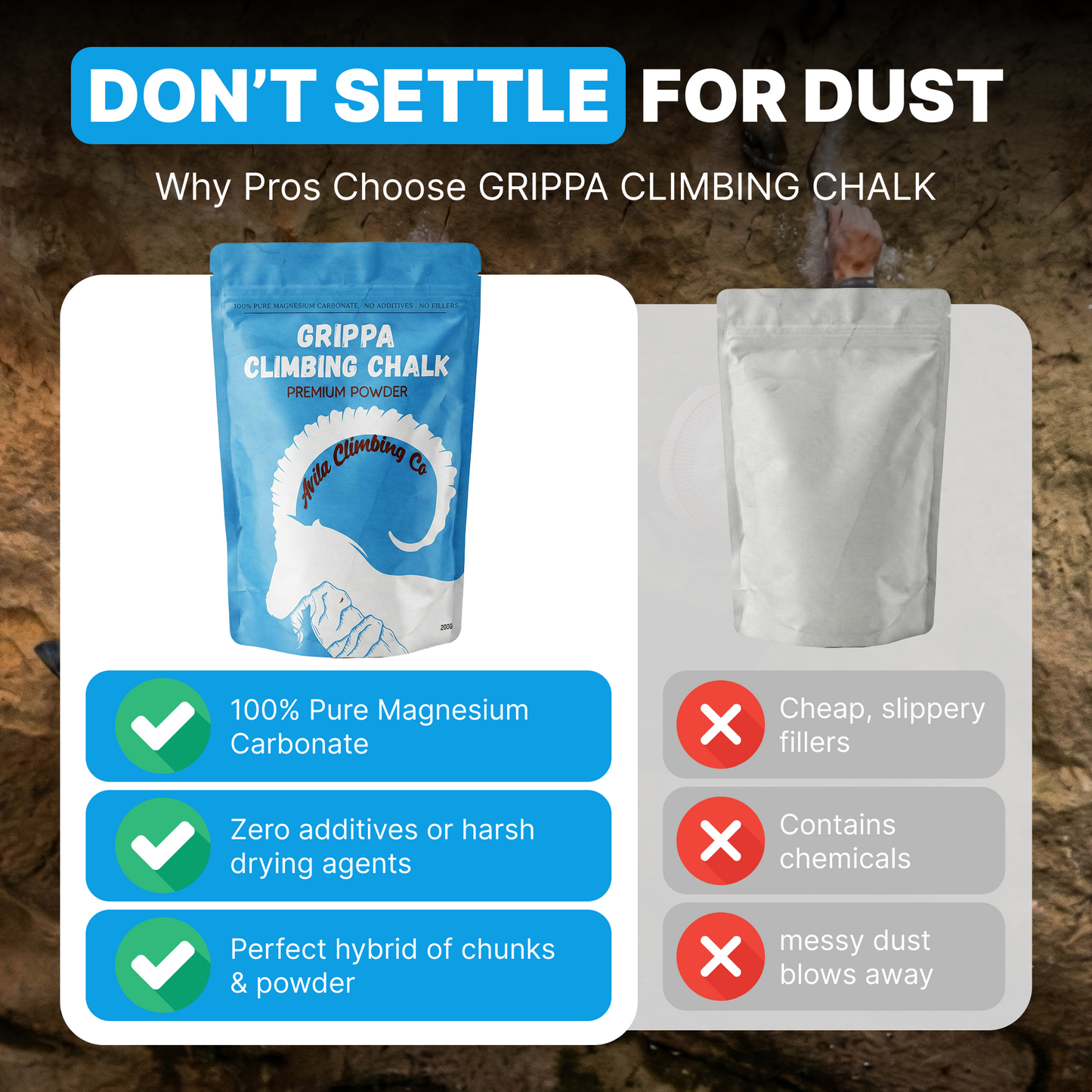 Grippa climbing chalk packaging with text highlighting benefits 