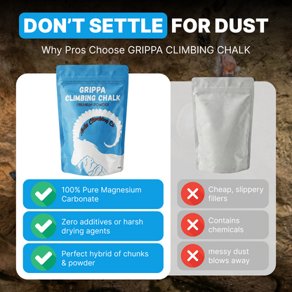 Grippa climbing chalk packaging with text highlighting benefits 