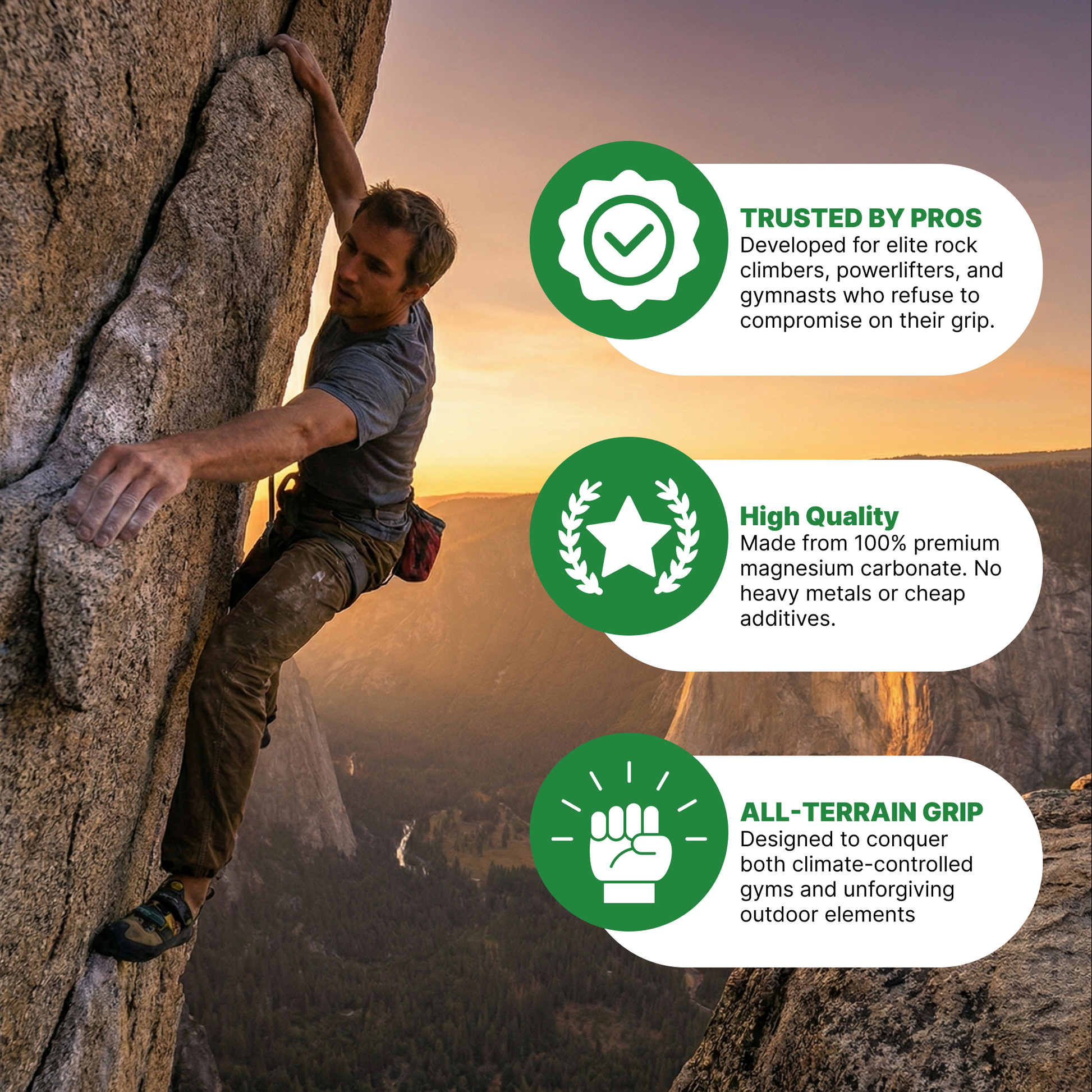 Person climbing a rock wall with promotional text about climbing products.