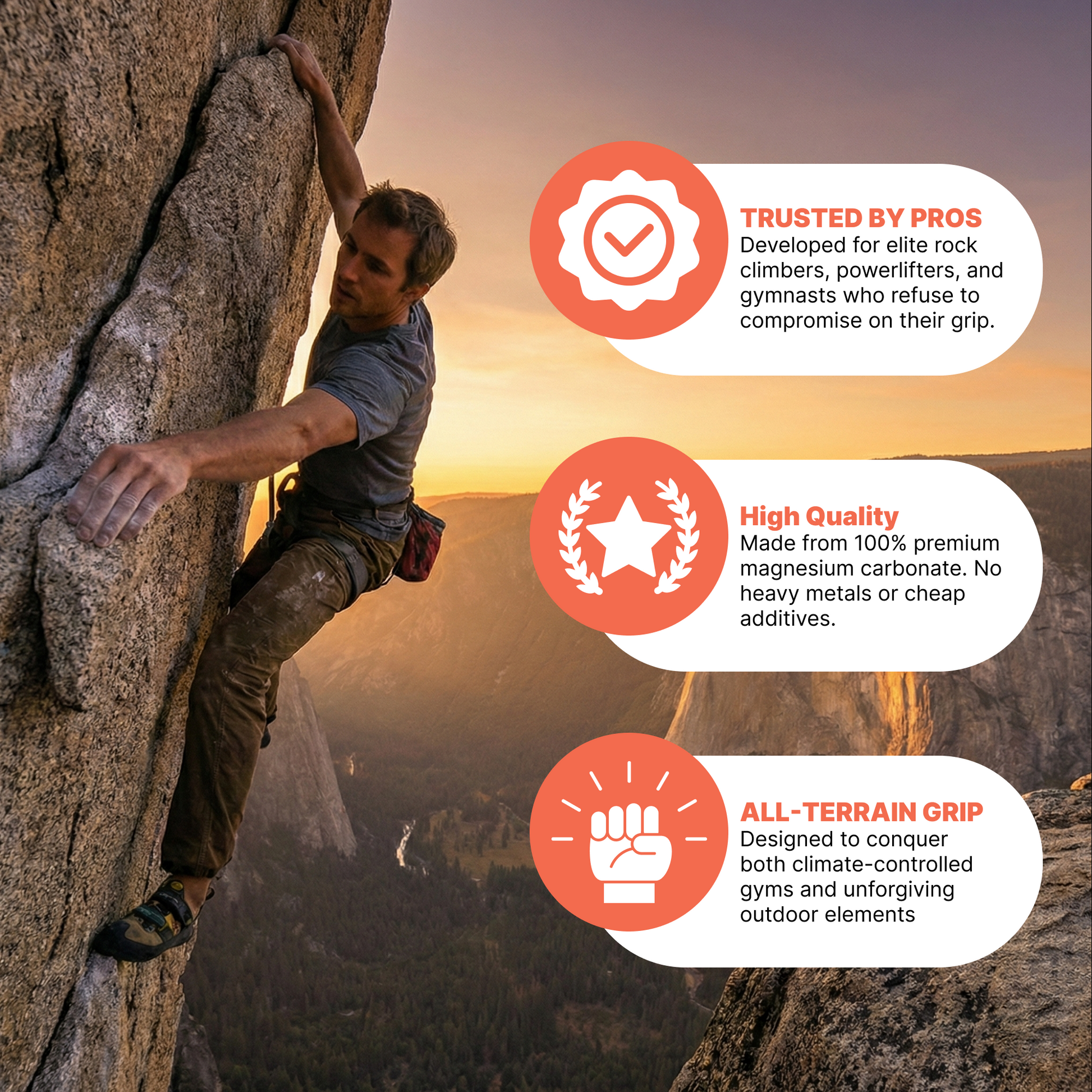 Person climbing a rock face with product features highlighted