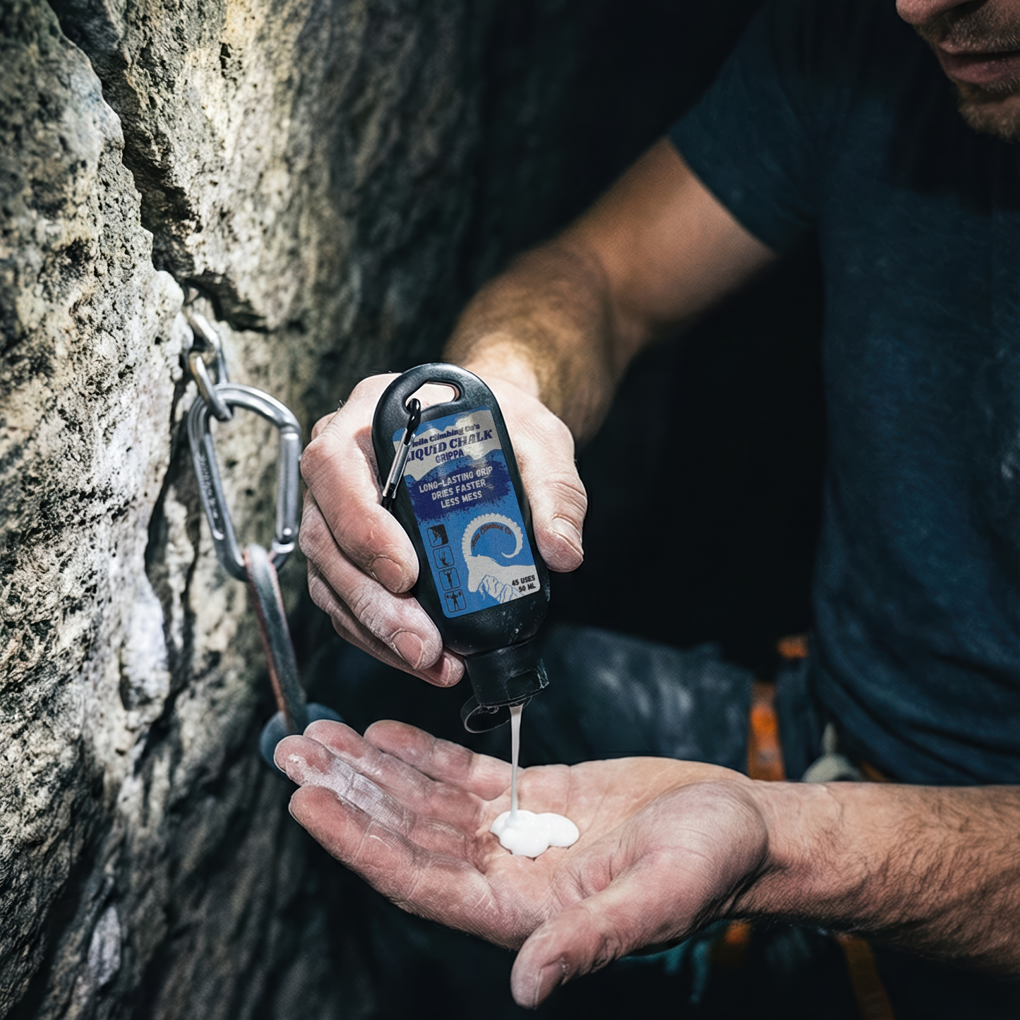 Person applying climbing liquid chalk to hands on a rock wall