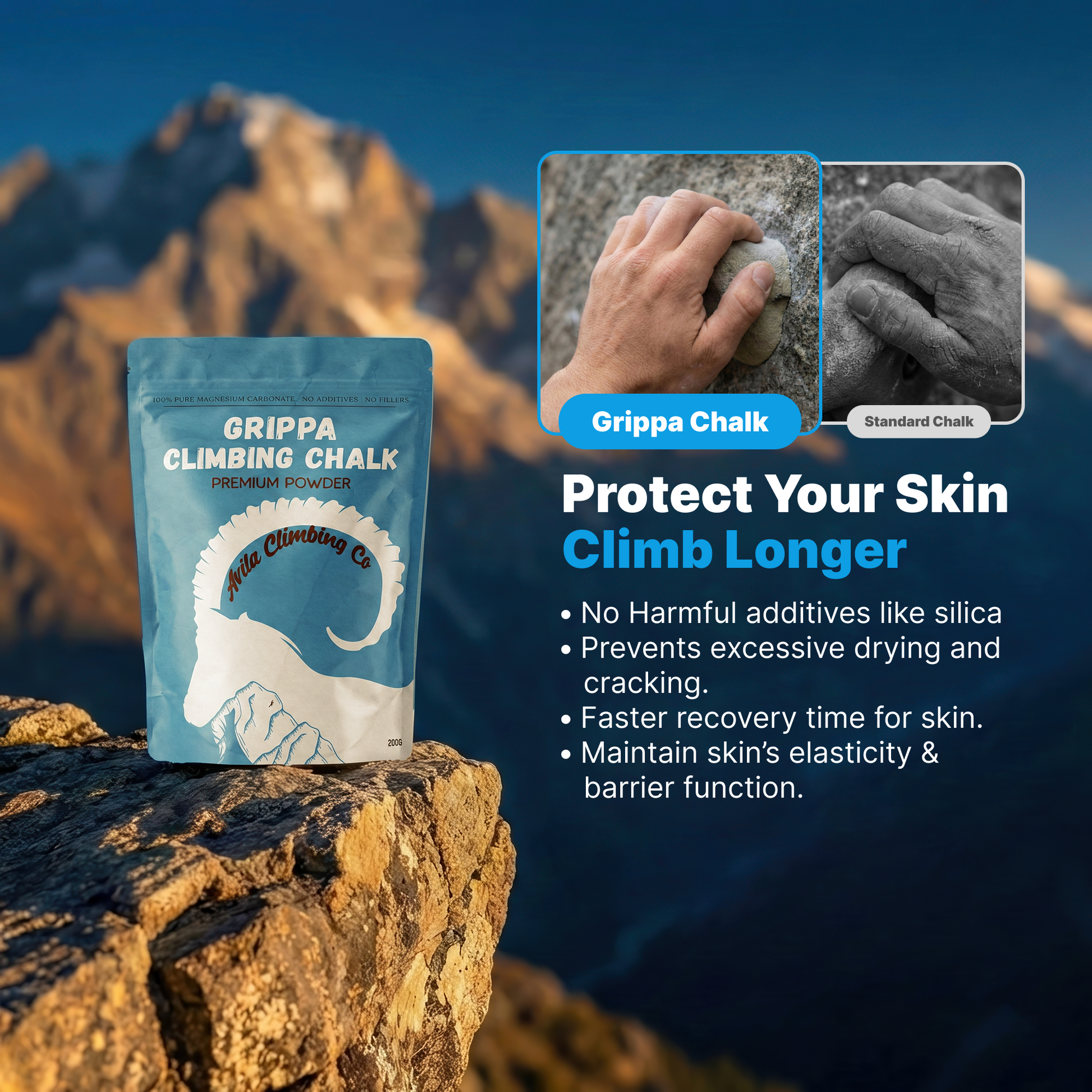 Grippa Climbing Chalk packaging with mountain background