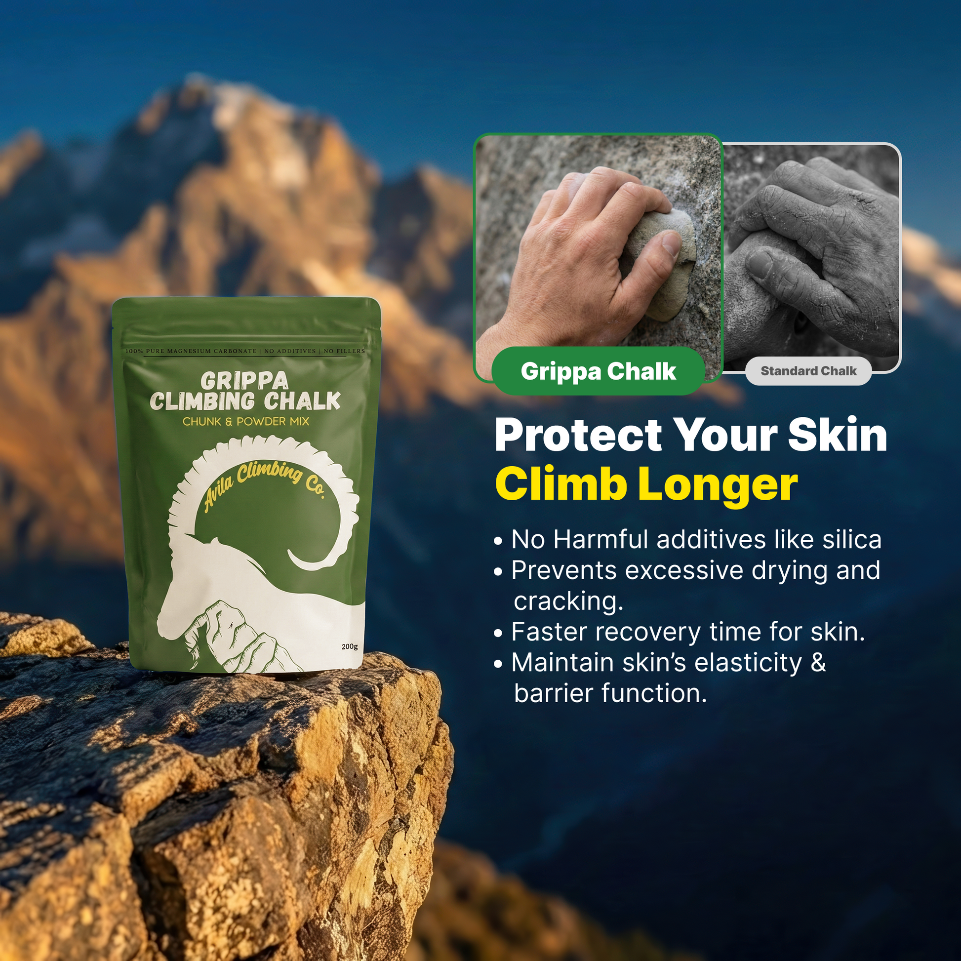 Grippa Climbing Chalk packaging with mountain background