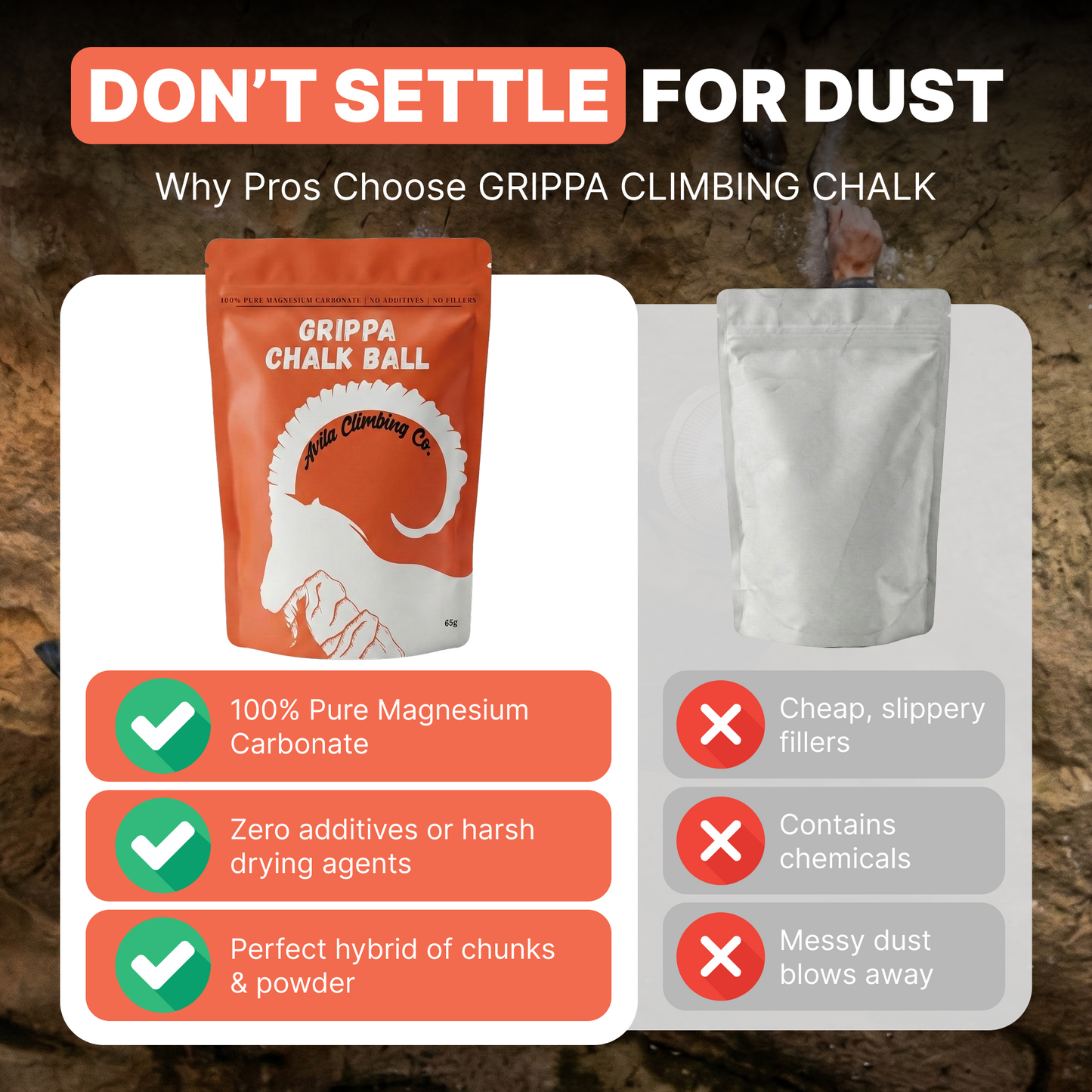 Grippa Climbing Chalk Ball packaging with features highlighted on a rocky background