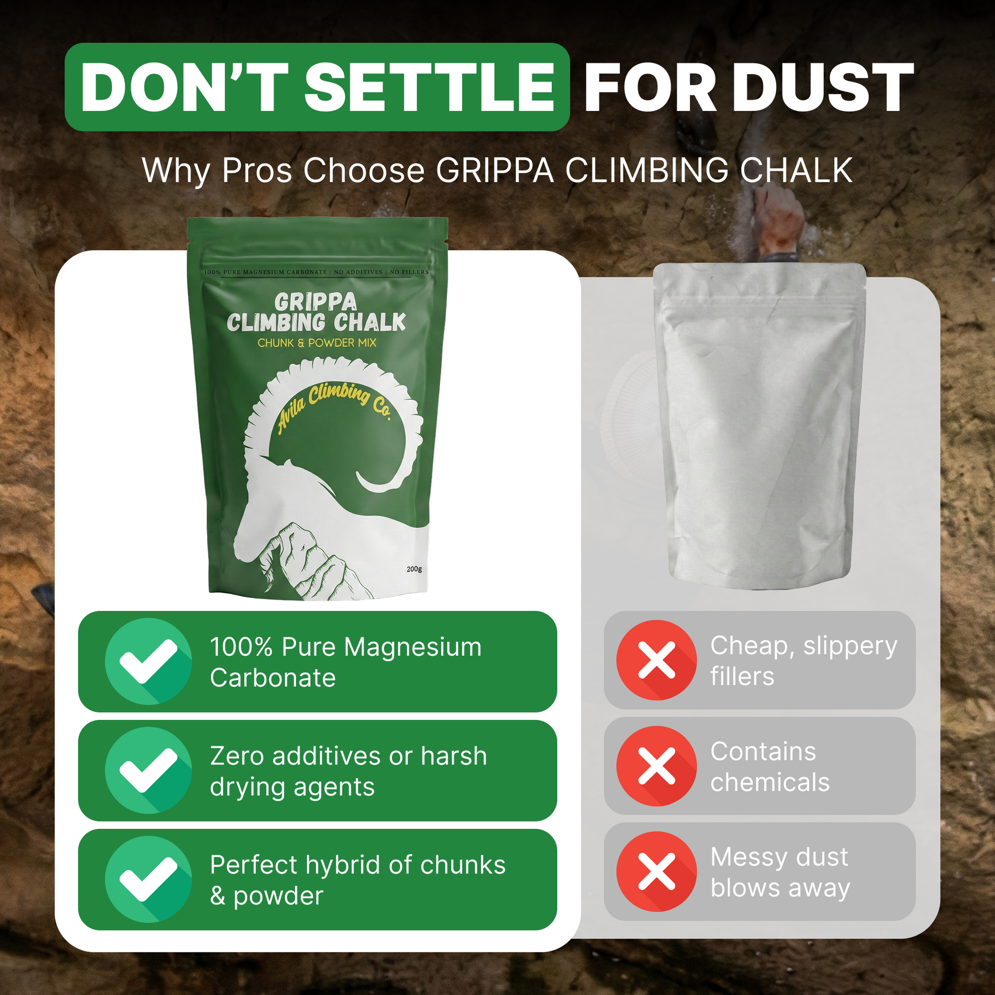 Grippa climbing chalk packaging with green and white colors on a wooden background.