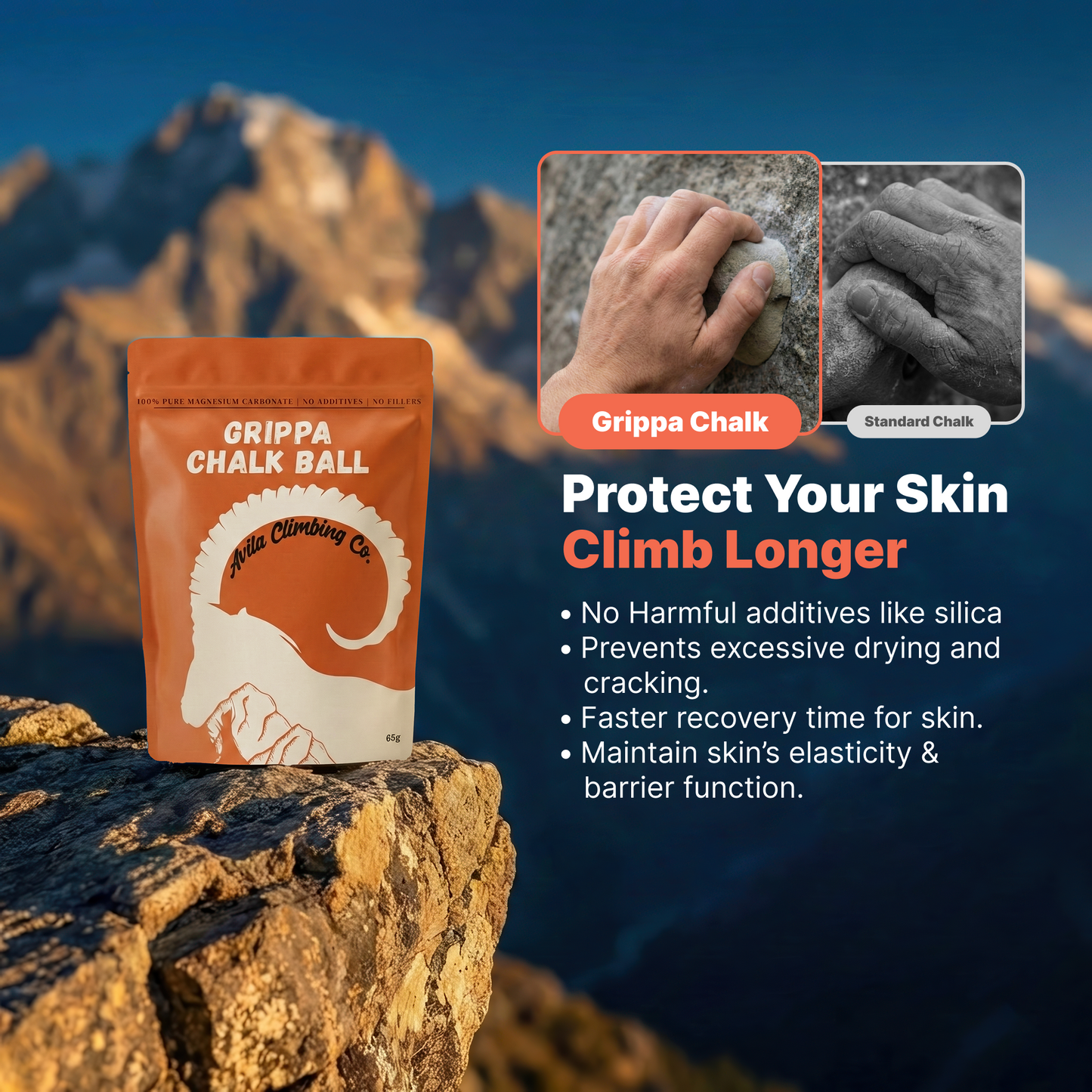 Grippa Chalk Ball packaging on a rock with mountain background