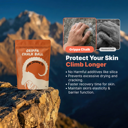 Grippa Chalk Ball packaging on a rock with mountain background