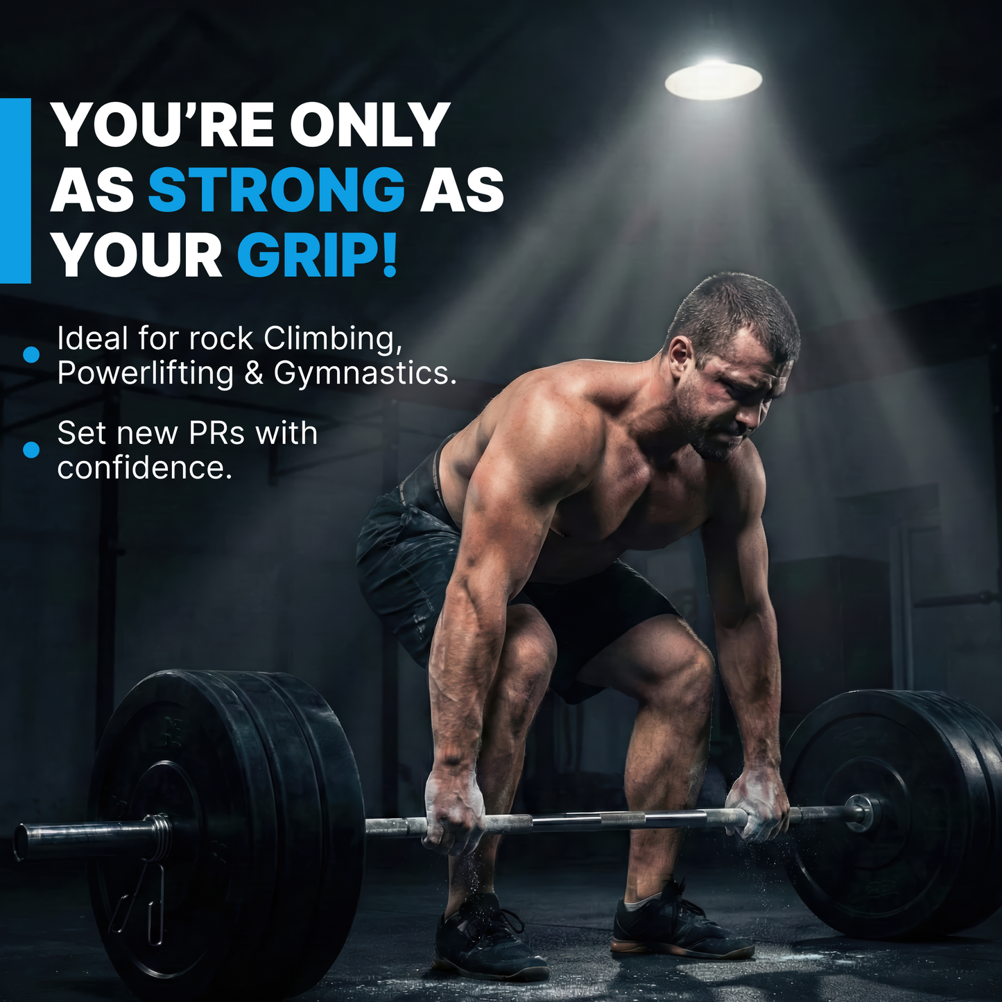 Muscular man lifting a barbell with text about grip strength training in a gym setting.