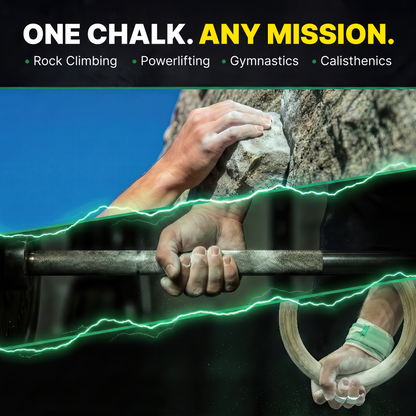 Hand holding a barbell with text 'One Chalk. Any Mission.