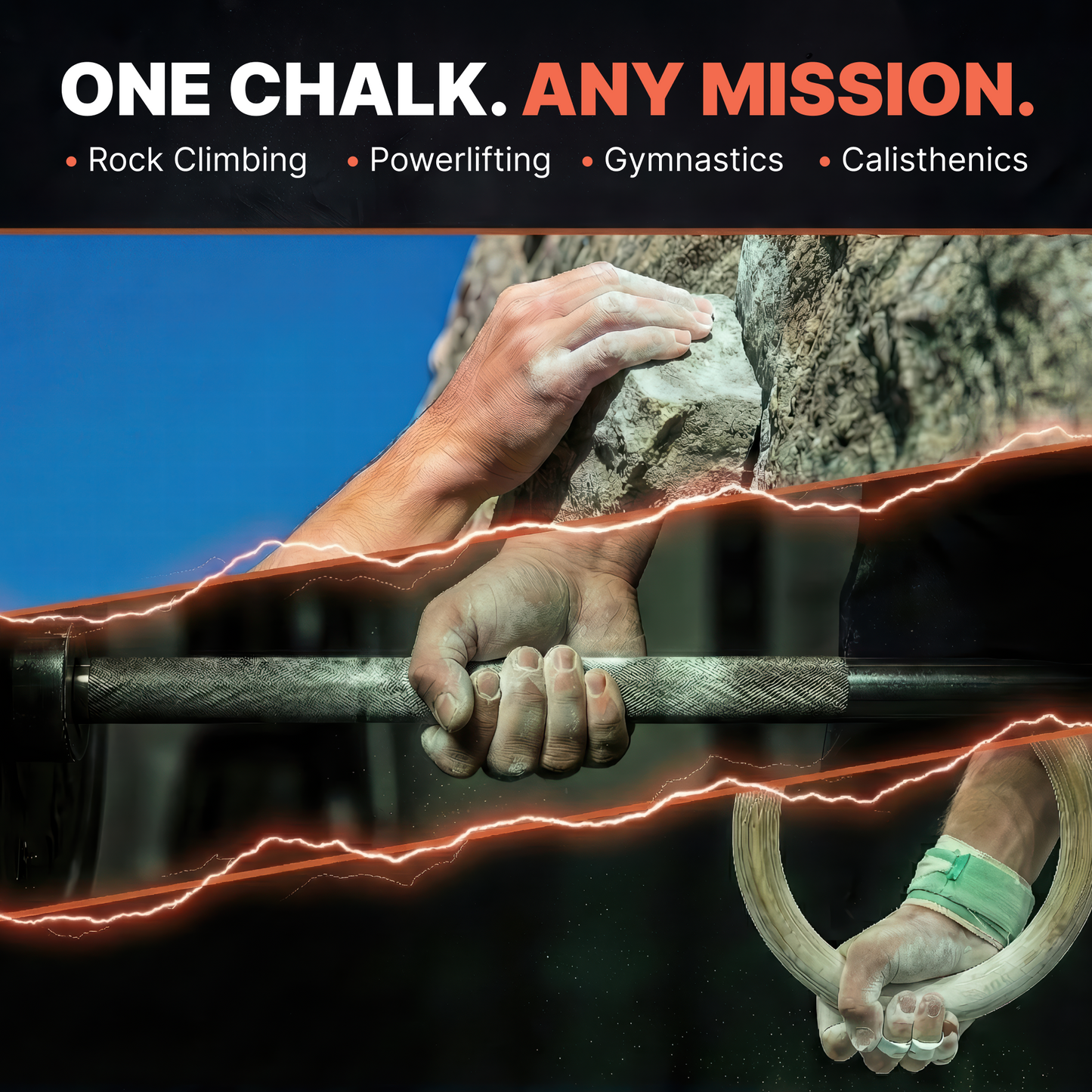 Hand holding a barbell with text 'One Chalk. Any Mission.
