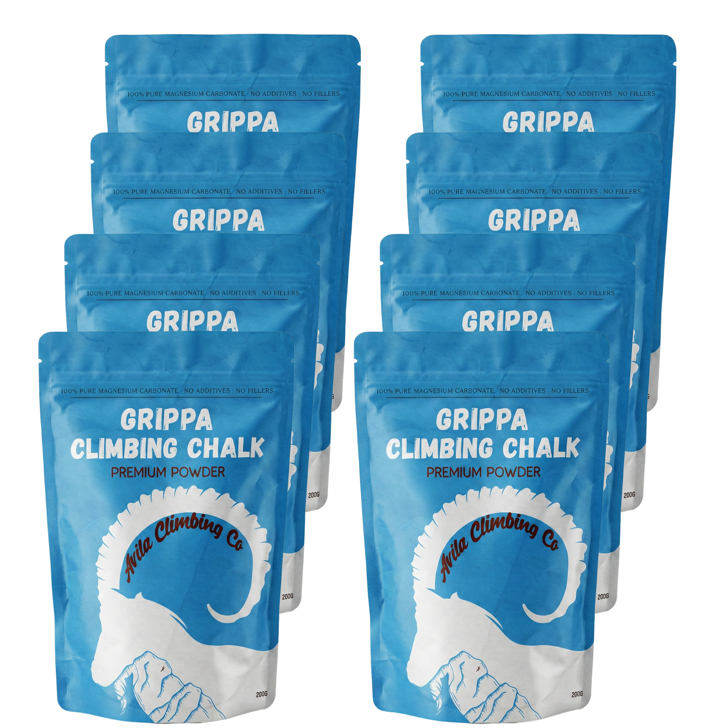 Multiple packages of Grippa Premium Climbing Chalk on a white background