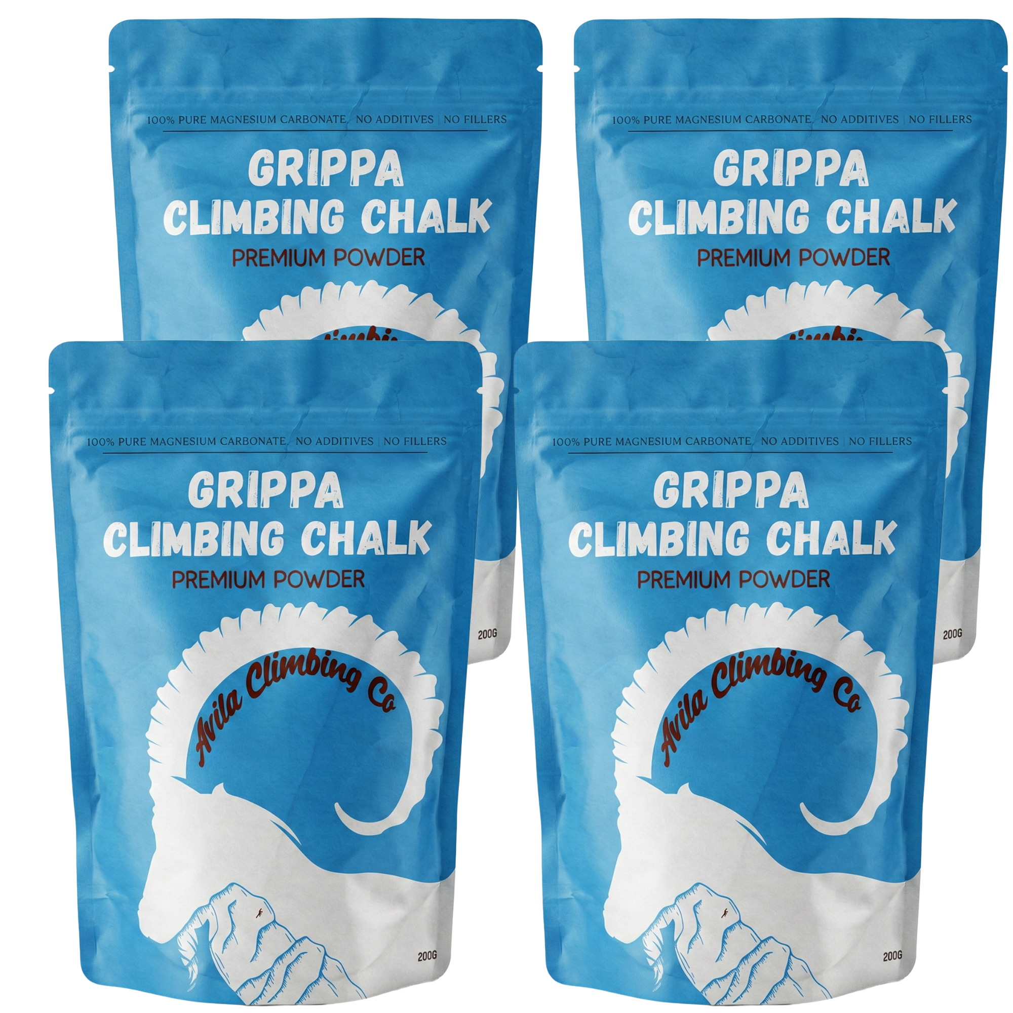 Four packages of Grippa Climbing Chalk on a white background