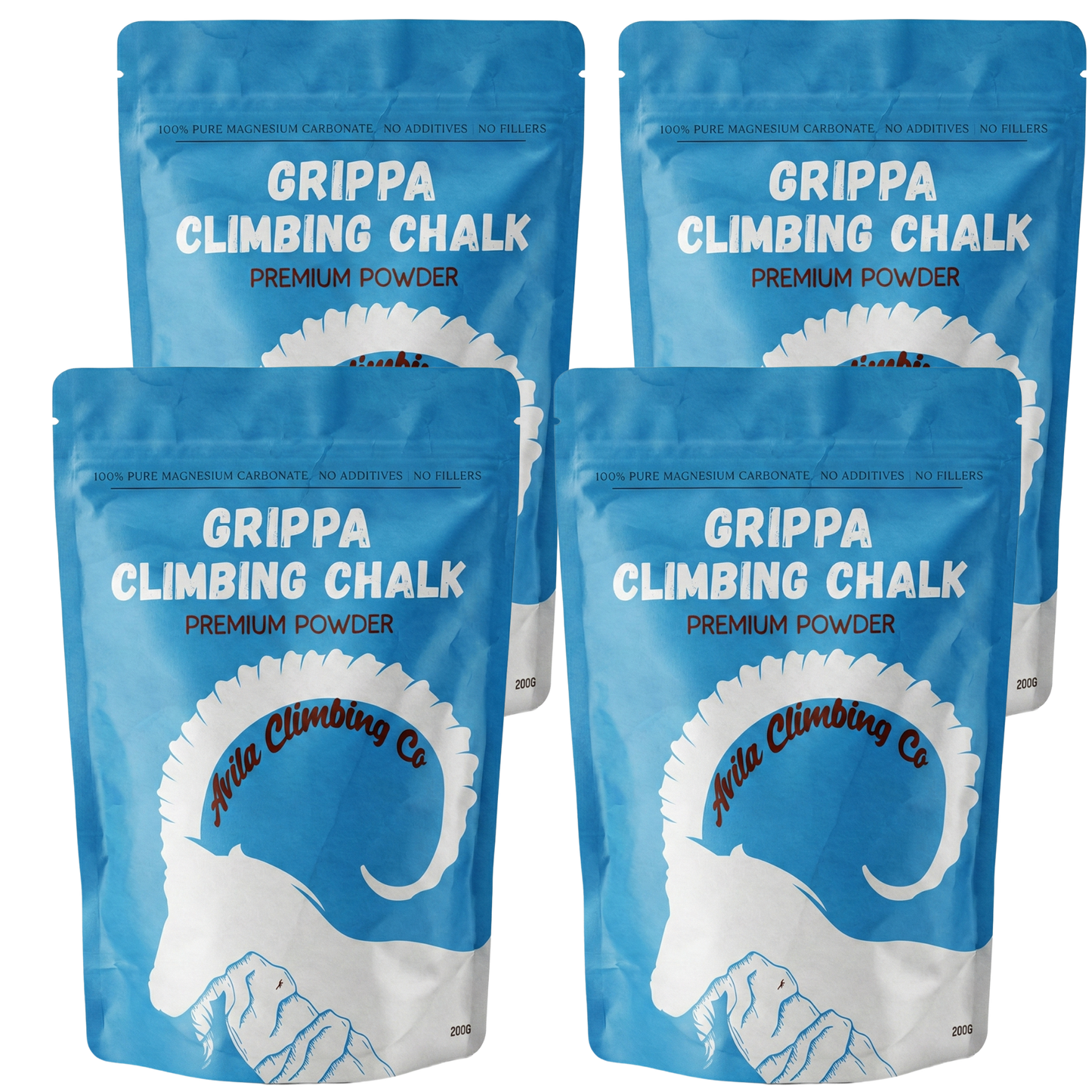 Four packages of Grippa Climbing Chalk on a white background