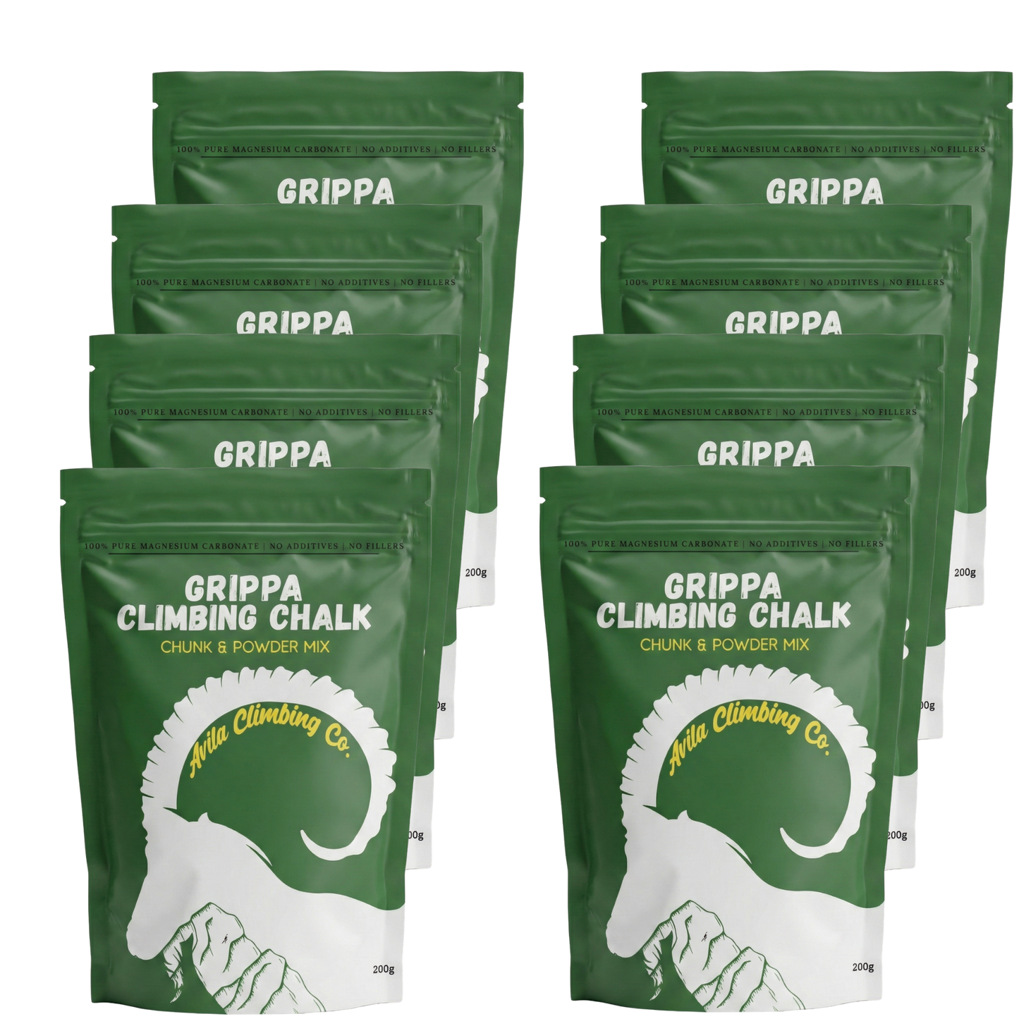 Multiple green packages of Grippa Climbing Chalk on a white background