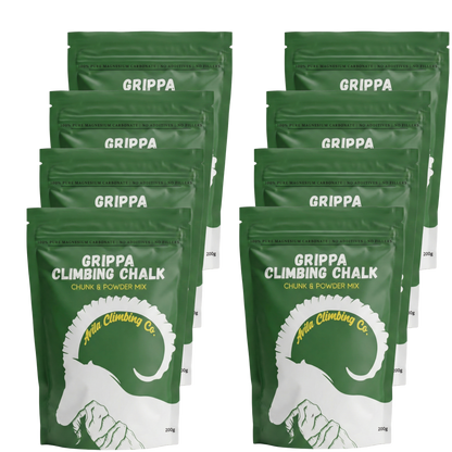 Multiple green packages of Grippa Climbing Chalk on a white background