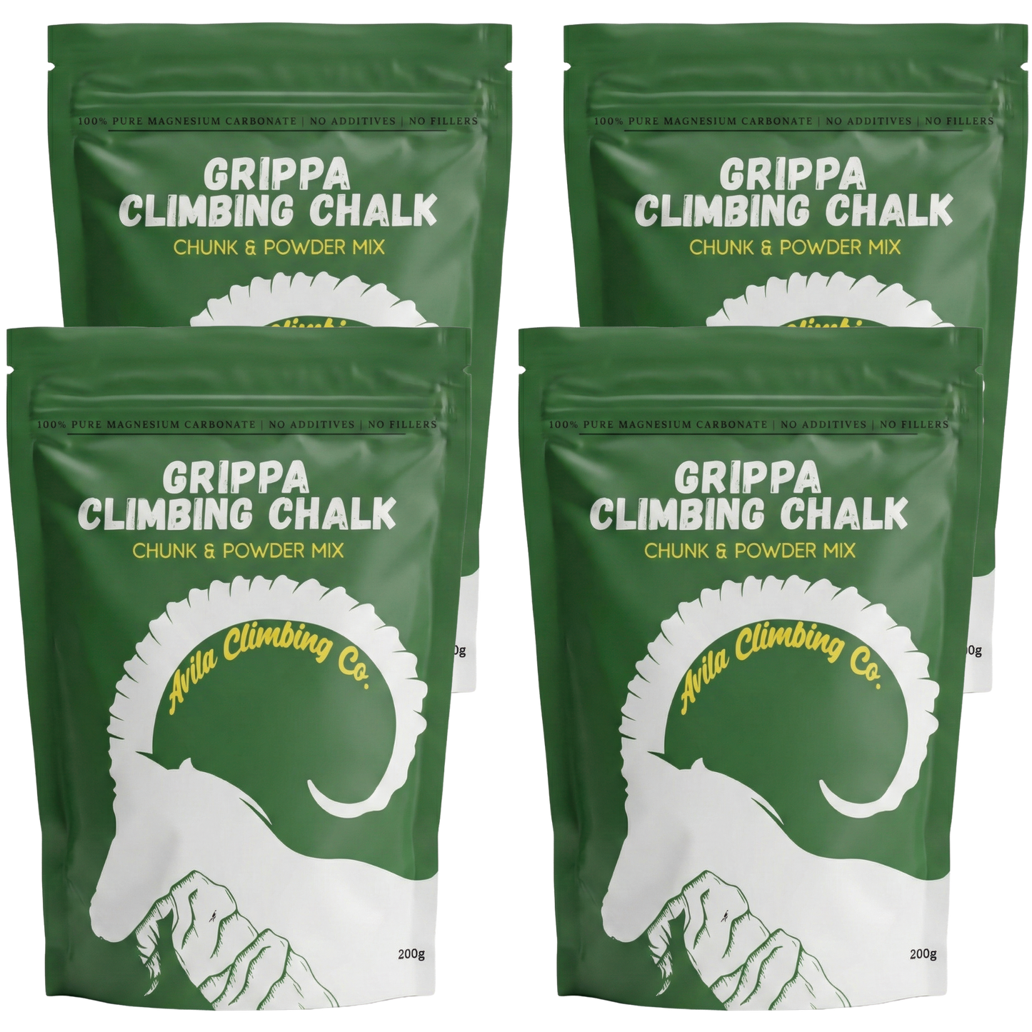 Four packages of Grippa Climbing Chalk by Avila Climbing Co on a white background