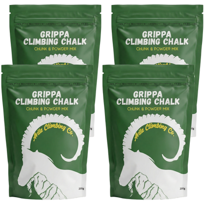 Four packages of Grippa Climbing Chalk by Avila Climbing Co on a white background