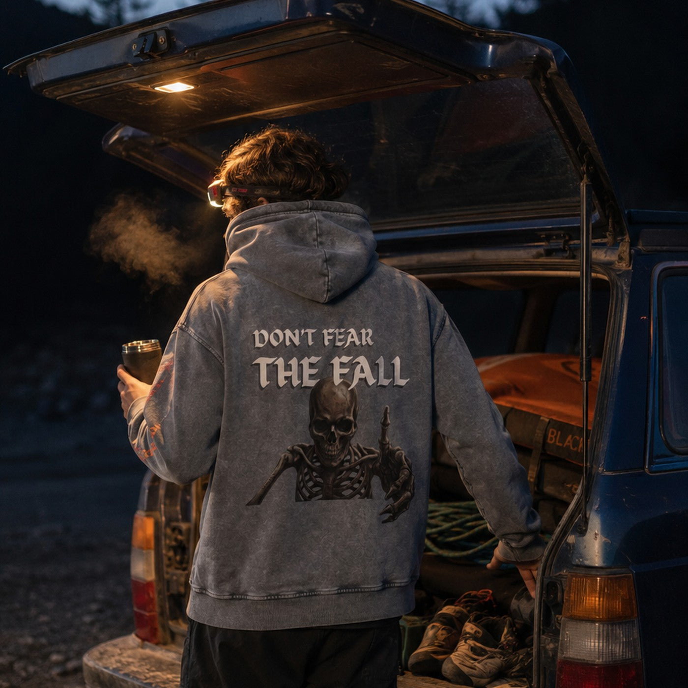 Avila Climbing Co. Dead Point Hoodie worn at a tailgate at dusk