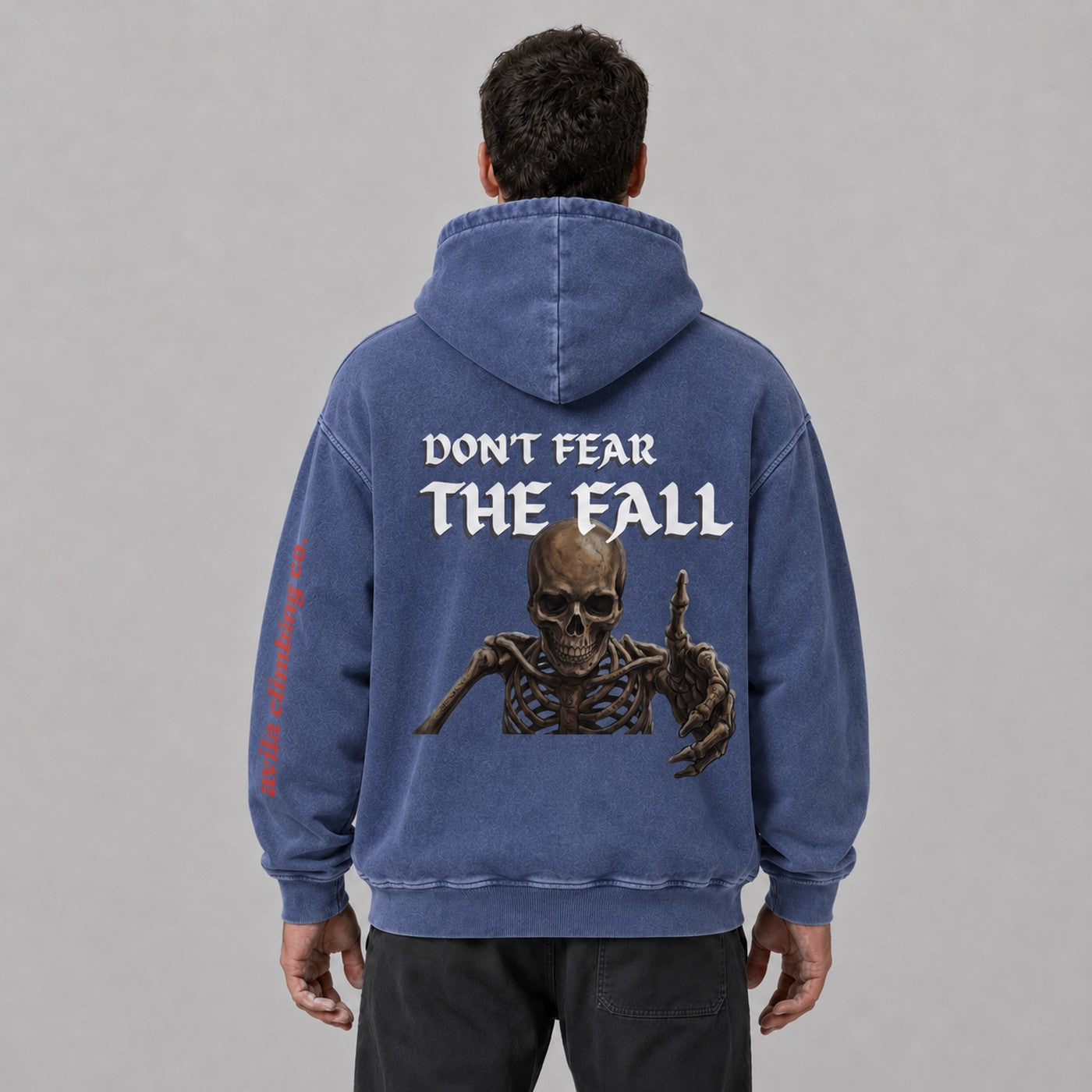 Avila Climbing Co. Dead Point Hoodie — obsidian blue, worn back