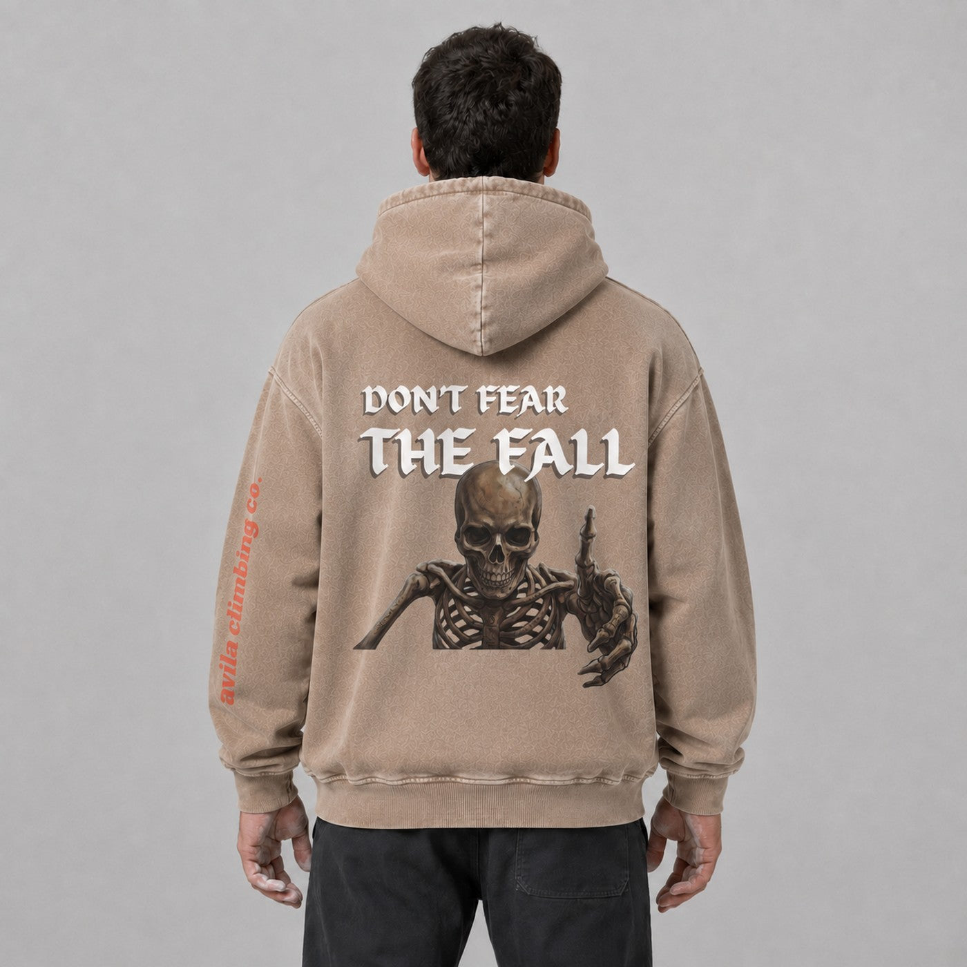 Avila Climbing Co. Dead Point Hoodie — sand, worn back