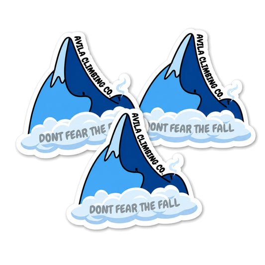 Three-pack of Avila Climbing Co. Don't Fear The Fall die-cut vinyl climbing stickers on a white background