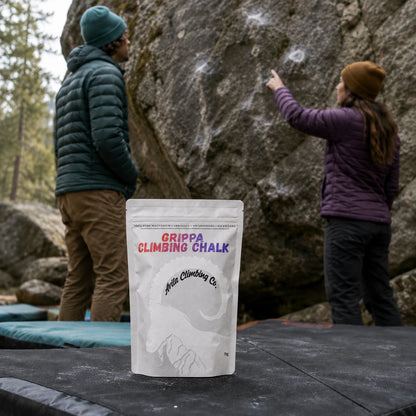 Avila Climbing Co. Grippa climbing chalk 70g — on a crash pad at the boulders