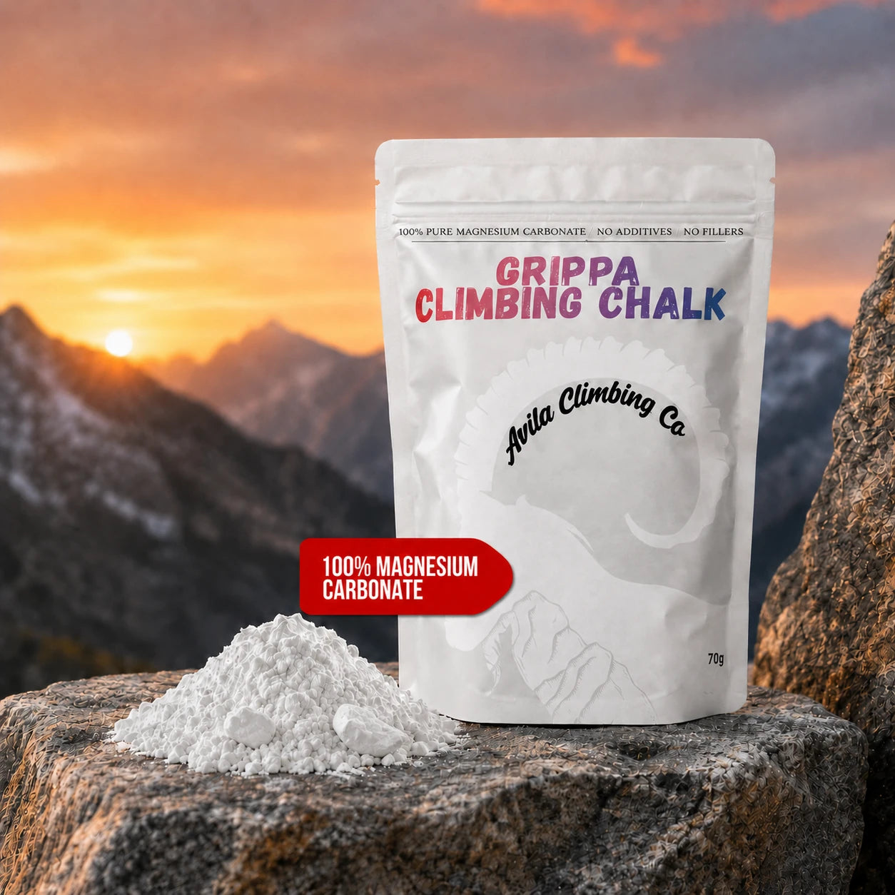 Avila Climbing Co. Grippa climbing chalk 70g — loose powder and chunks texture