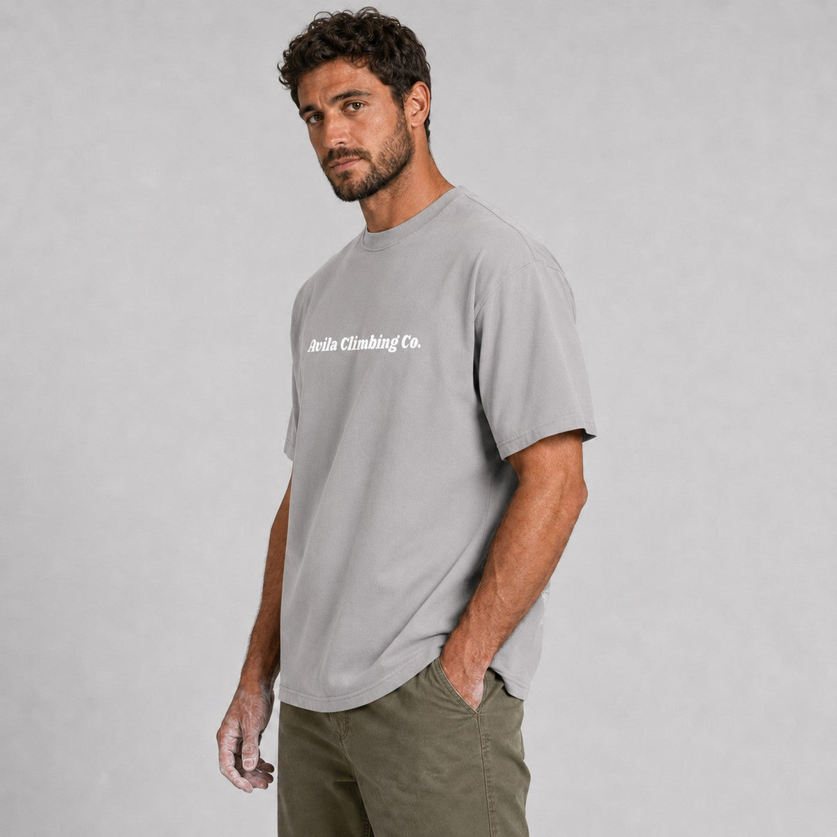 Avila Climbing Co. The Helping Hand climbing tee — slate, worn side